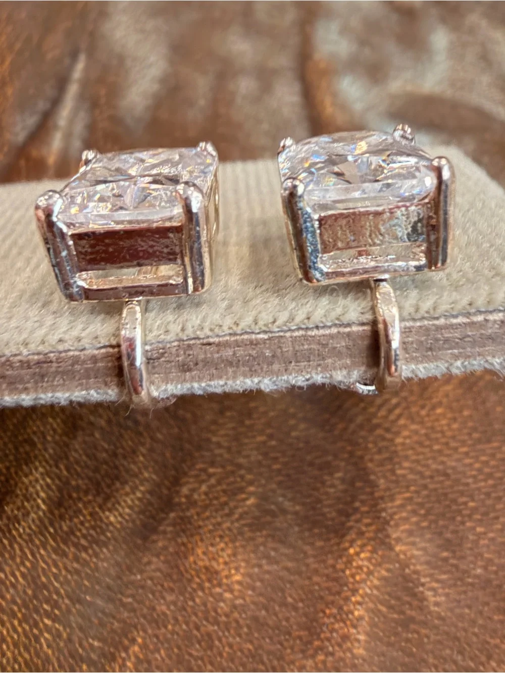 Vintage Clear Crystal Square Drop Clip On Earrings Silver Tone-1068